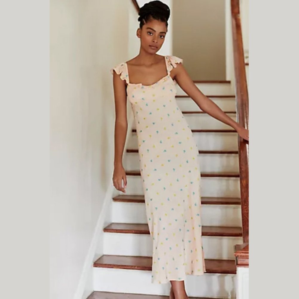 Anthropologie Scallop Babydoll Midi Dress peach /pink modest split Size M & L